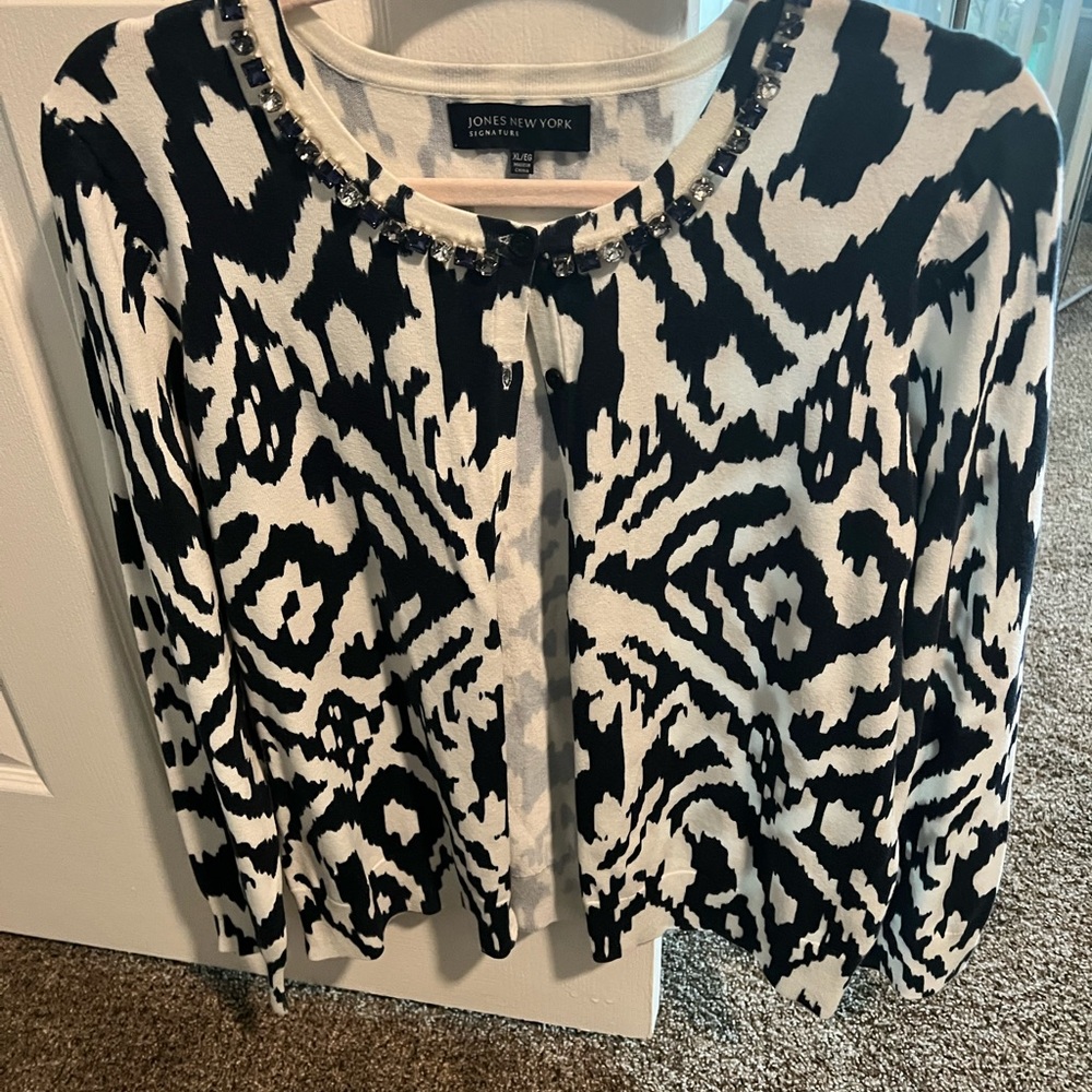 White and navy cardigan